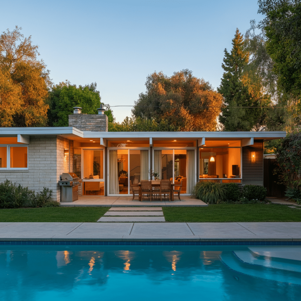 Photograph of a stunning mid-century modern home at dusk, featuring a warmly lit interior, an inviting outdoor patio with dining, and a serene swimming pool, evoking luxury and comfort.