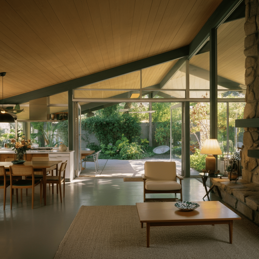 Photograph of a spacious mid-century modern living area with an open-plan design, connecting seamlessly to a lush outdoor garden and patio, evoking comfort and tranquility.