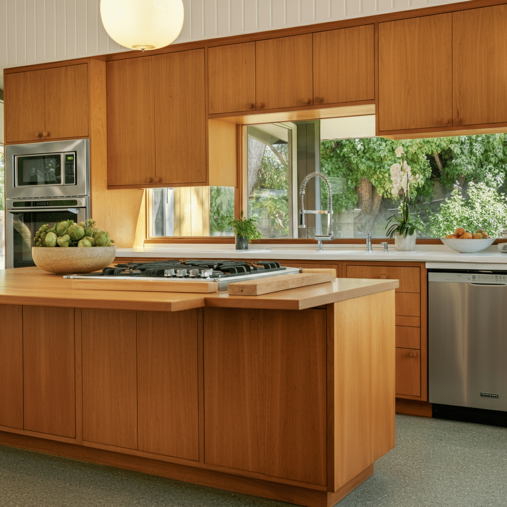 A bright, modern kitchen featuring warm wooden cabinetry, a central island with a gas cooktop, and a large window overlooking lush greenery, conveying serene sophistication.