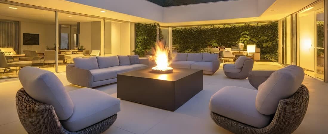 Modern outdoor patio at dusk with a concrete fire pit having active flames, surrounded by sleek lounge furniture, warm glow, soft HDR lighting, and serene atmosphere.