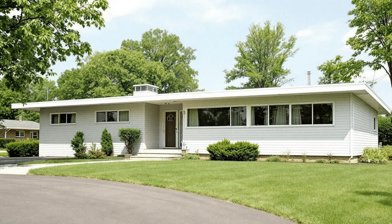 A mid-century ranch house featuring characteristic horizontal lines and large windows is set against a suburban landscape. This single-story ranch style home boasts a welcoming front porch and an open concept main living space, typical of ranch homes in Southern California.