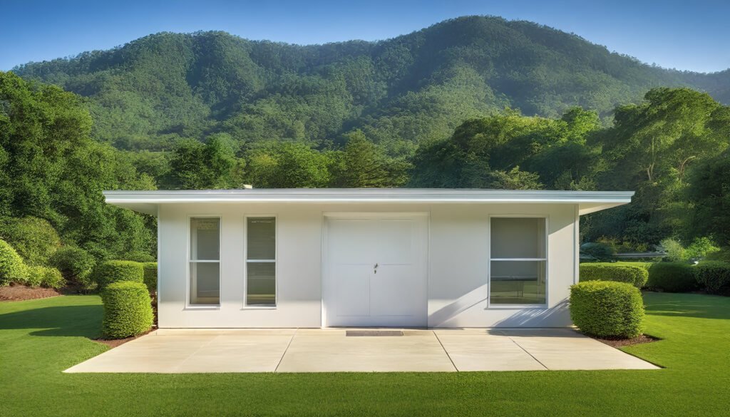 Modern - Ranch Style Homes USA A modern manufactured home nestled against a majestic mountain backdrop, with quality construction and inviting exterior, surrounded by lush greenery, warm sunlight, and serene atmosphere, HDR photograph