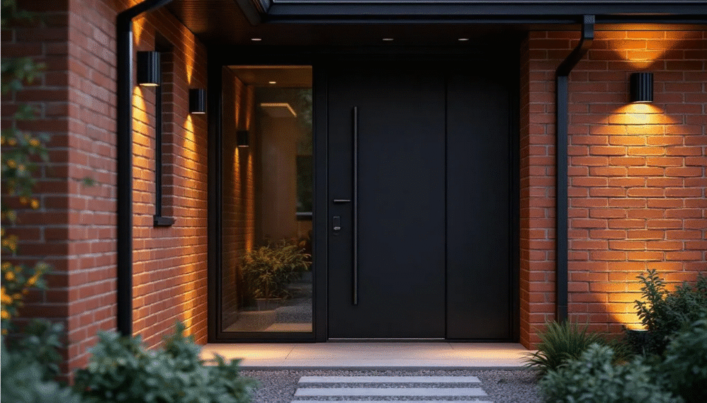 The image features a modern black front door with sleek contemporary hardware and stylish lighting, set against the backdrop of a red brick ranch house. The inviting entrance showcases the home's curb appeal, highlighting the contrast between the dark door and the warm red bricks.