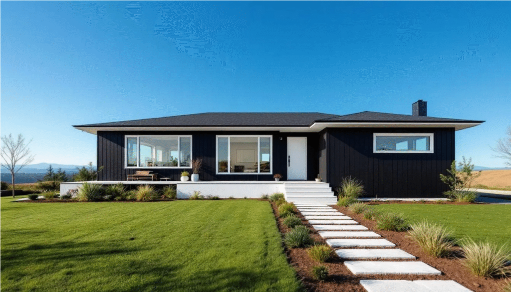 Modern Black Ranch House - Ranch Style Homes USA The image features a modern black ranch house with a fresh coat of black paint and striking white trim, including black window trim that enhances its sleek exterior. The well-maintained landscaping adds to the home's curb appeal, creating a stunning contrast with the dark colors of the house.