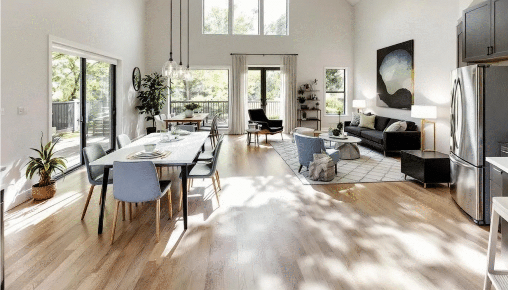 The image showcases a modern bungalow interior featuring an open floor plan designed for accessibility, highlighting spacious living areas with wide columns and large windows that allow for ample natural light. The design elements reflect the craftsman style, with exposed beams and a modest yet inviting atmosphere typical of bungalow homes.