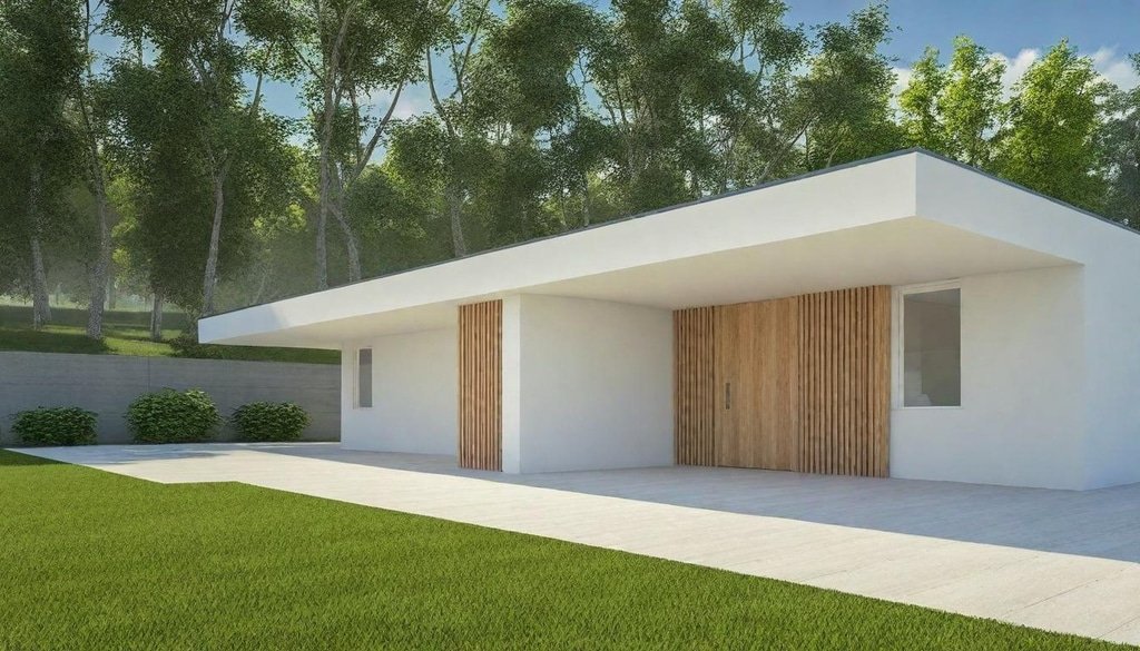 A striking 3D render of a modern, minimalist single-story house with a flat roof, large windows, and a wooden accent door, set amidst a lush green lawn and mature trees under a clear blue sky.