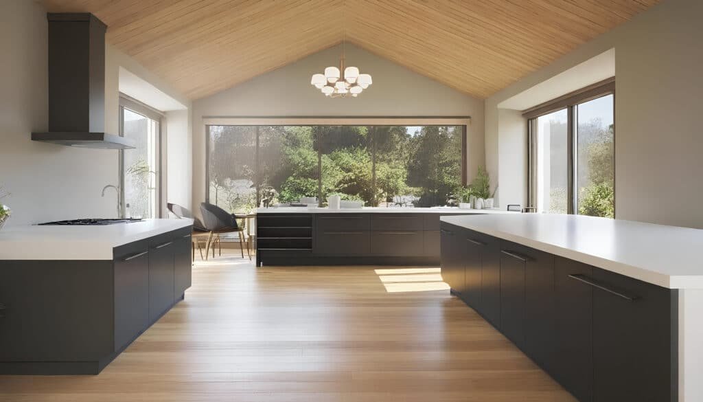 The image depicts a modern kitchen within a craftsman bungalow, showcasing updated appliances and fixtures while retaining original architectural details like exposed rafters and built-in cabinets. The open floor plan enhances the space, combining functionality with the charm of classic bungalow style.