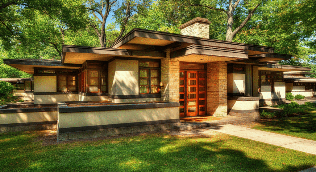 The image showcases a modern prairie home that beautifully blends classic prairie style architecture with contemporary features, such as large windows and clean lines. The design includes a spacious floor plan with a walk-in shower and a butler's pantry, reflecting the timeless elegance of Frank Lloyd Wright's influence while accommodating modern living needs.