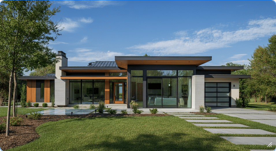 Clean lines, large windows, and a minimalist aesthetic with open floor plans and contemporary finishes.