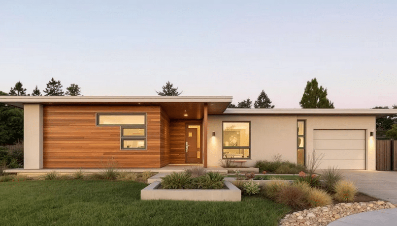 The image showcases a modern ranch style house with a low profile and sprawling layout, emphasizing an open concept that seamlessly connects indoor and outdoor living spaces. Large windows and sliding glass doors invite natural light, creating a warm and inviting atmosphere in the ranch house's interior design.