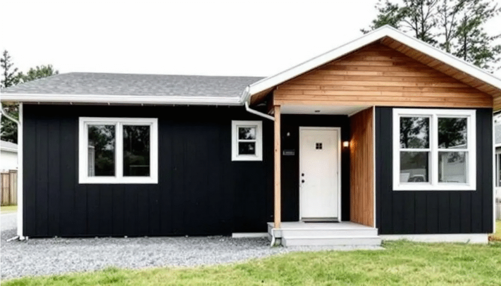 Modern Ranch House - Ranch Style Homes USA The image features a modern ranch house with a striking black exterior, complemented by natural wood accents and crisp white trim around the windows and doors. This stylish black ranch house showcases a fresh coat of paint, enhancing its curb appeal and creating a stunning contrast with the surrounding landscaping.