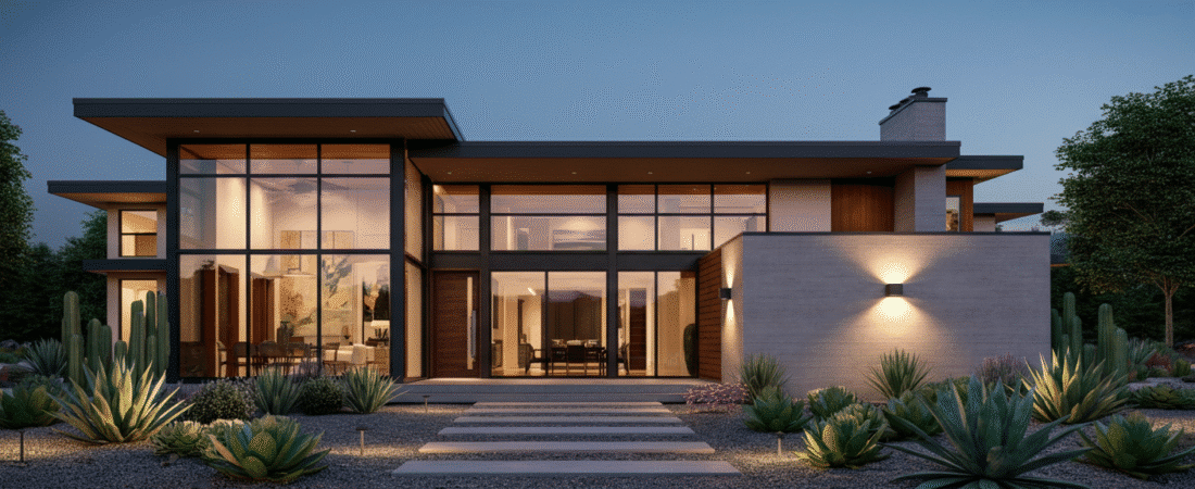 A sleek, modern ranch-style home with large glass windows, a flat roof, and minimalist landscaping featuring succulents and gravel.