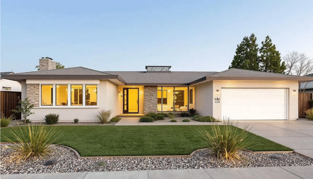 The image depicts a modern ranch style home featuring a beautifully landscaped front yard and an attached garage. This single story layout offers easy access and is a popular choice for young families and older homeowners alike, showcasing the appeal of ranch homes in today's real estate market.