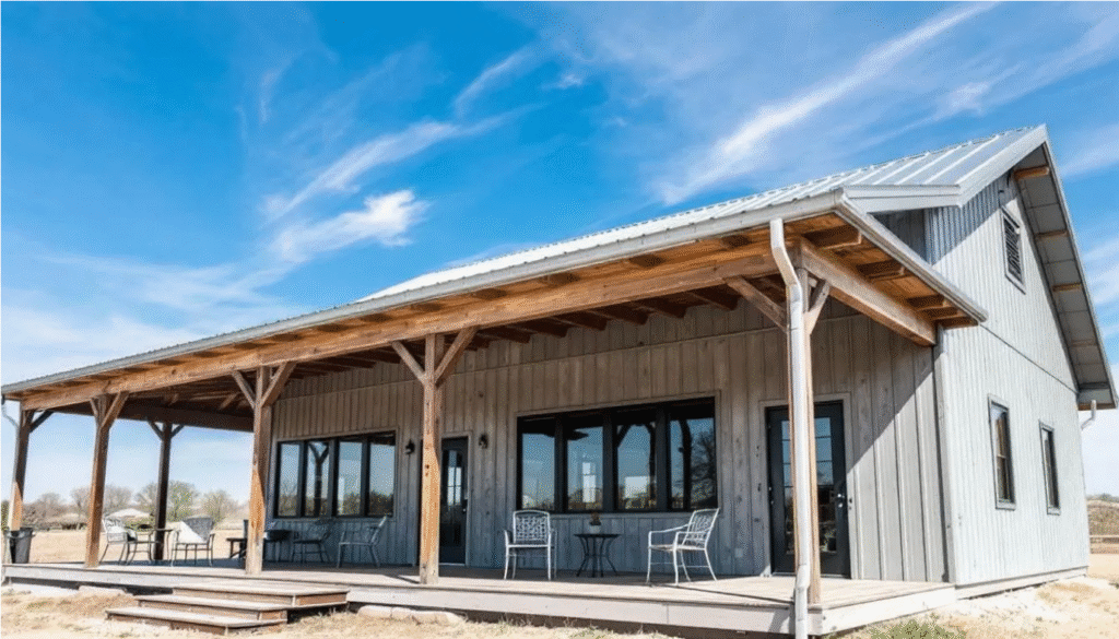 A modern Texas barndominium features a covered porch and sleek metal siding, set against a bright blue sky, showcasing the perfect blend of contemporary design and rural charm. This image represents the dream of building a new home with customizable barndominium plans that suit a variety of lifestyles.
