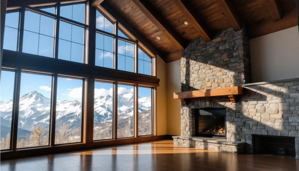 Mountain Great Room - Ranch Style Homes USA The image depicts an inviting mountain great room featuring exposed wooden beams and a stone fireplace, with large windows that provide breathtaking views of the surrounding rugged terrain. This cozy space is designed for modern mountain living, blending rustic elements with natural light to create a warm and welcoming atmosphere.