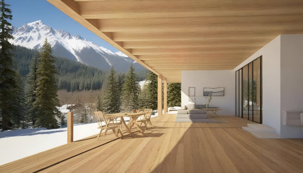 Mountain House - Ranch Style Homes USA A modern mountain house with large windows and exposed wood beams, surrounded by evergreen trees, with snow-capped peaks in the background, bathed in warm, natural light. Photorealistic, HDR