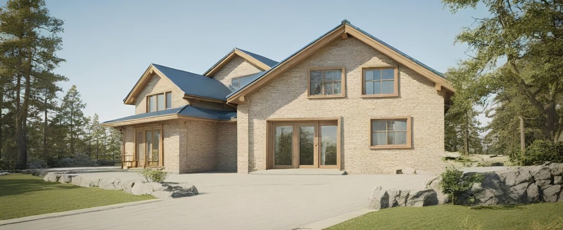 Mountain House Designs - Ranch Style Homes USA A luxurious mountain house with sleek, modern architecture, surrounded by dense, vibrant foliage, featuring warm, golden HDR lighting and highly detailed textures and terrain.