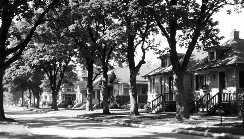 The historic photograph depicts a charming 1920s bungalow neighborhood characterized by tree-lined streets and inviting front porches, showcasing the bungalow style homes that are often single story and designed for comfortable living. The scene captures the essence of community with houses built close together, each featuring unique architectural details like low pitched roofs and large windows.