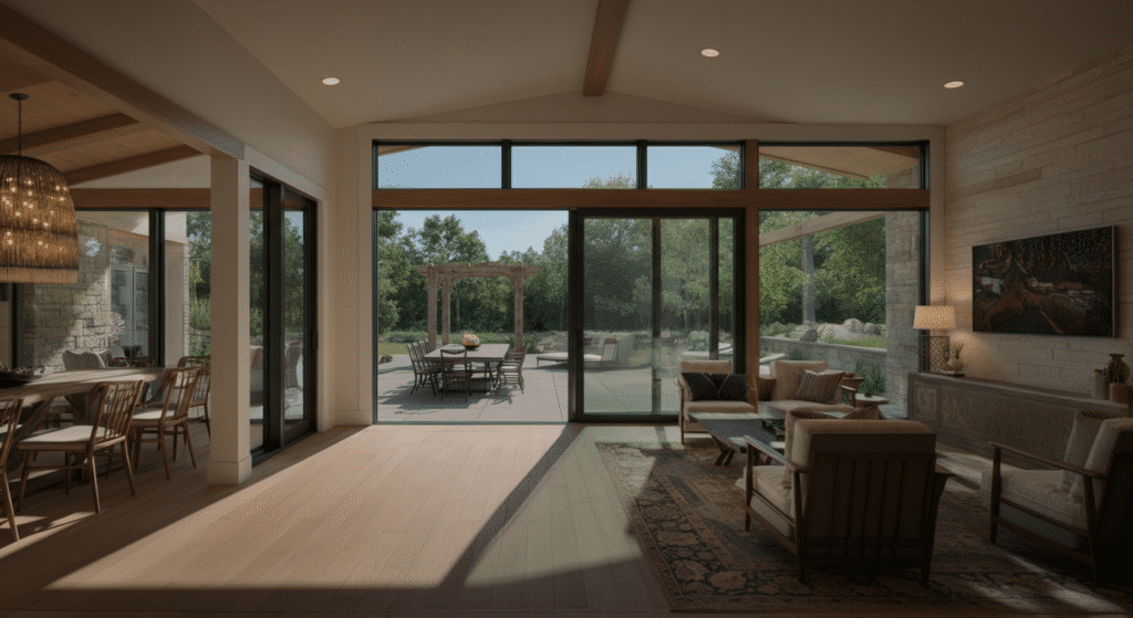 The image depicts a spacious one-story ranch house featuring an open floor plan that seamlessly connects the living room, dining area, and kitchen. Large windows allow natural light to fill the space, while sliding glass doors lead to an inviting outdoor patio, enhancing the indoor-outdoor living experience.