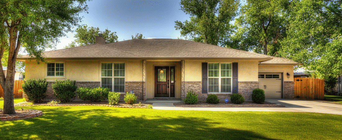 Photograph of a well-maintained, single-story ranch-style house with a lush green lawn and mature trees under a clear blue sky, conveying comfort and stability.