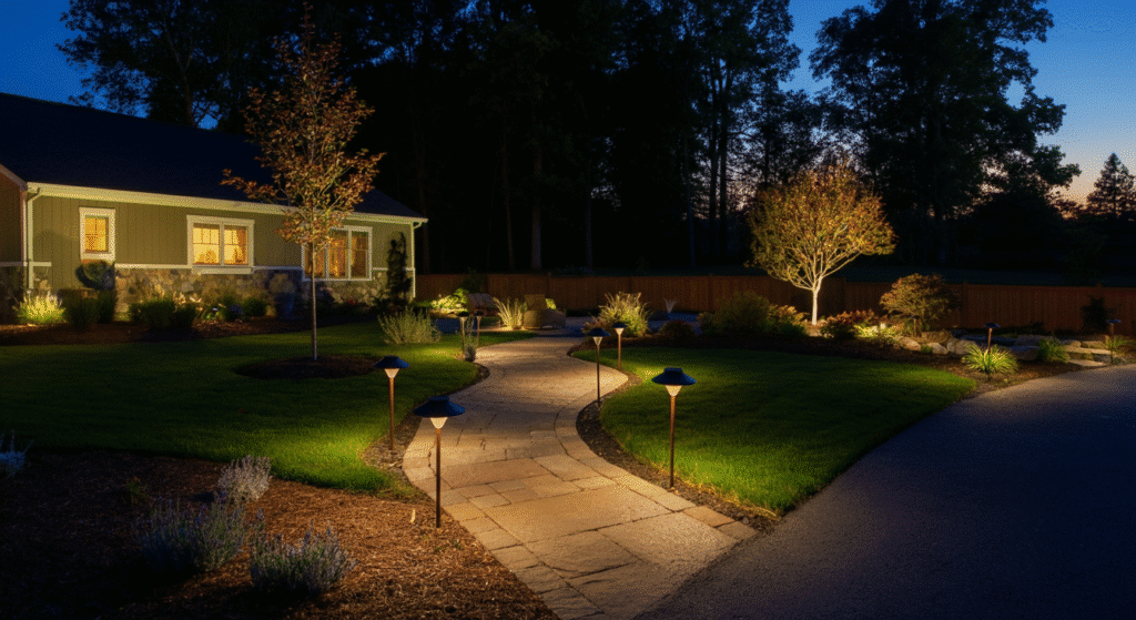 Photograph of a beautifully lit residential landscape at dusk, featuring a winding stone pathway illuminated by warm path lights, enhancing curb appeal and safety.