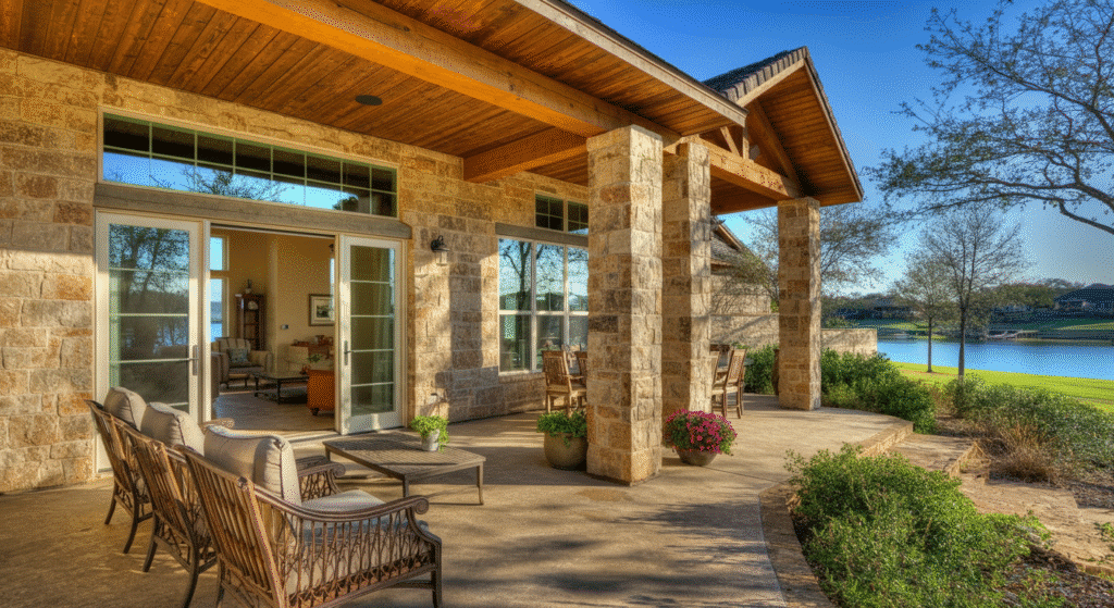 The image showcases a beautifully landscaped outdoor space of a western-style home, featuring a spacious patio that seamlessly connects to the living room and offers a stunning view of Lake Dallas. The area is designed for entertaining, adorned with drought-resistant plants and subtle outdoor lighting, creating a welcoming atmosphere for gatherings with family and friends.