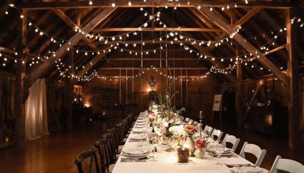 The image depicts a rustic barn interior adorned with string lights, creating a warm and inviting atmosphere for a wedding reception. Elegant table settings are arranged throughout the space, making it an ideal venue for special events and gatherings.