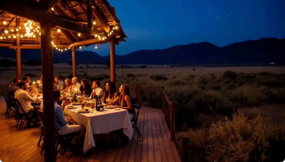 The image depicts a charming ranch property featuring an outdoor pavilion where guests are enjoying dinner under twinkling string lights, creating an inviting atmosphere for a special event. This idyllic setting is perfect for hosting corporate events, family gatherings, or memorable celebrations like birthday parties and weddings.