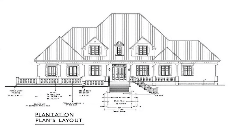 The image depicts a detailed architectural drawing of a plantation style home, showcasing an efficient floor plan layout that includes wraparound porches, tall columns, and ample outdoor living spaces. The design emphasizes symmetry and comfort, making it ideal for large families, with features such as multiple bathrooms and spacious rooms.
