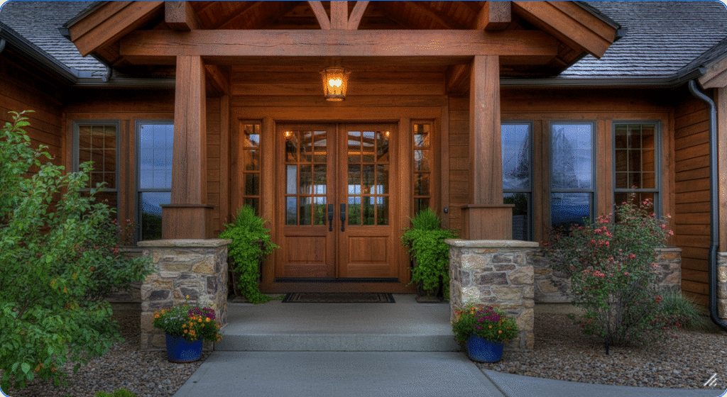 The image showcases a charming front entrance featuring a ranch-style house with elegant architectural features. Potted plants are strategically placed around the entryway, adding a touch of greenery that softens the hard edges of the wood and stone, creating an inviting atmosphere for guests.