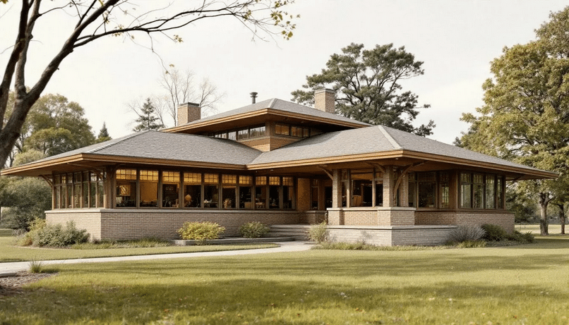 The image showcases a stunning example of prairie style architecture, featuring a low-pitched roof with overhanging eaves and long horizontal lines that blend seamlessly into the surrounding landscape. Large windows invite natural light into the open floor plans, creating a warm and inviting atmosphere that reflects the essence of the Midwest's flat terrain.