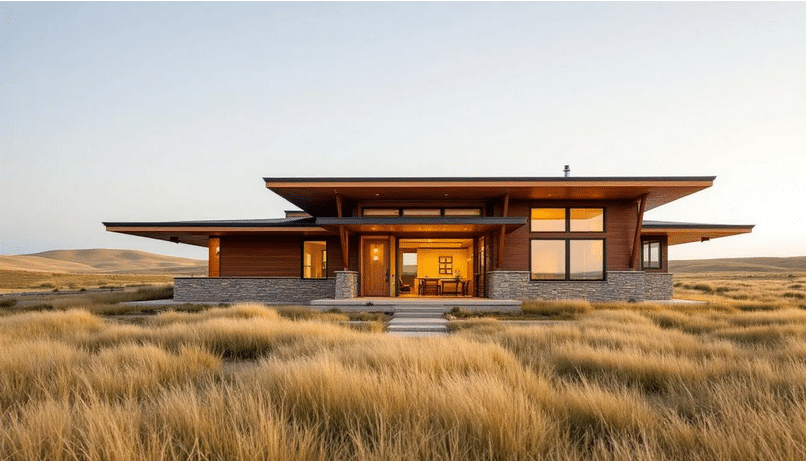 Prairie Brown House - Ranch Style Homes USA The image showcases a prairie style house characterized by its low pitched roof, horizontal lines, and open floor plans that seamlessly connect indoor and outdoor spaces. Natural materials and geometric ornamentation enhance the home's integration with the surrounding landscape, reflecting the principles of early 20th century prairie school architecture.