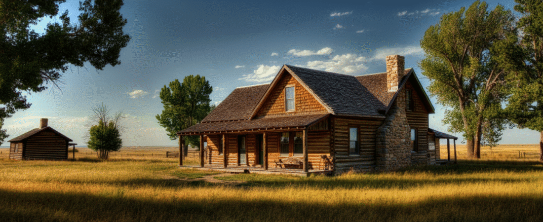 Photograph of a rustic log cabin with a stone chimney, nestled in a vast golden field under a clear blue sky, evoking a sense of peaceful rural living and timeless charm.
