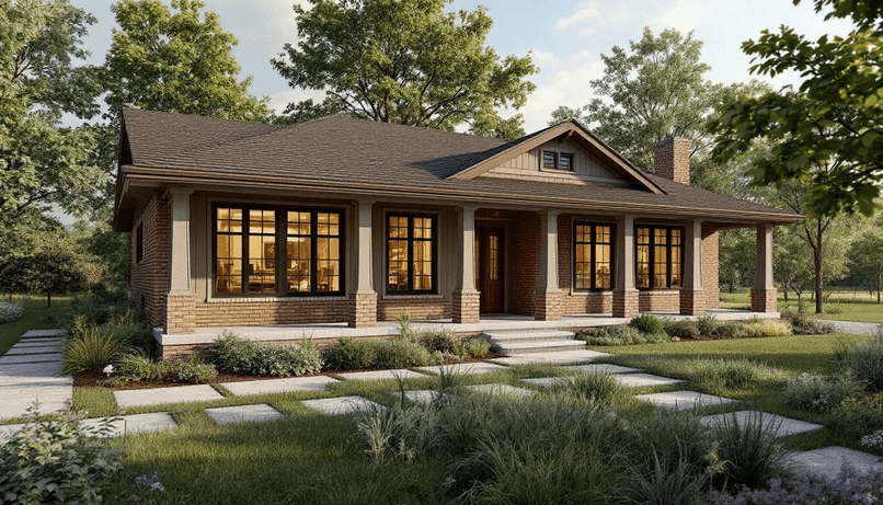 Prairie Small House - Ranch Style Homes USA The image depicts a prairie style house characterized by its low-pitched roof, open floor plans, and large casement windows that invite natural light and views of the surrounding landscape. The design emphasizes a seamless connection between indoor and outdoor spaces, reflecting the principles of prairie school architecture and the arts and crafts movement.