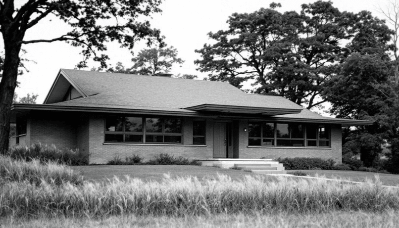 Prairie Style Architecture - Ranch Style Homes USA The image showcases a stunning example of prairie style architecture, featuring strong horizontal lines and a low-pitched roof that harmonizes with the surrounding landscape. This prairie style house, inspired by Frank Lloyd Wright, emphasizes open floor plans and natural materials, creating a seamless connection between indoor and outdoor spaces.