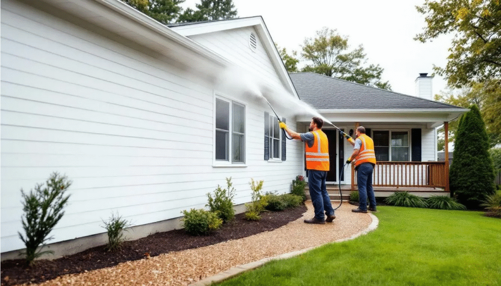 Pressure Washing Home - Ranch Style Homes USA A professional maintenance team is pressure washing the exterior of a modern white ranch house, showcasing its pristine white walls and black roof. The scene highlights the home's curb appeal and the team's effort to maintain its classic and timeless appearance.