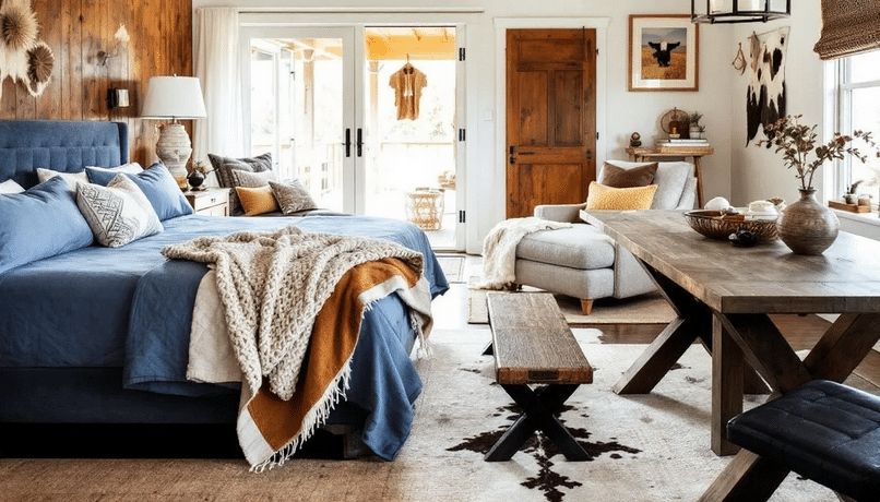 The image showcases a beautifully decorated primary bedroom in a Texas ranch house, featuring a plush shelter bed in soft blue tones that creates a tranquil atmosphere. Warmth and personality are added through a mix of natural textiles like linen and cowhide, complemented by cheerful throw pillows and blankets in shades of tan and yellow, inviting comfort and a connection to the Texas Hill Country.