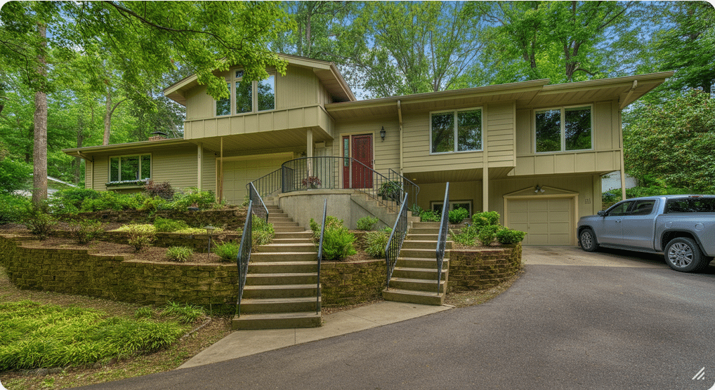 A raised ranch style home with a central landing, stairs leading up to the main living area and down to the lower level garage and extra space, HDR