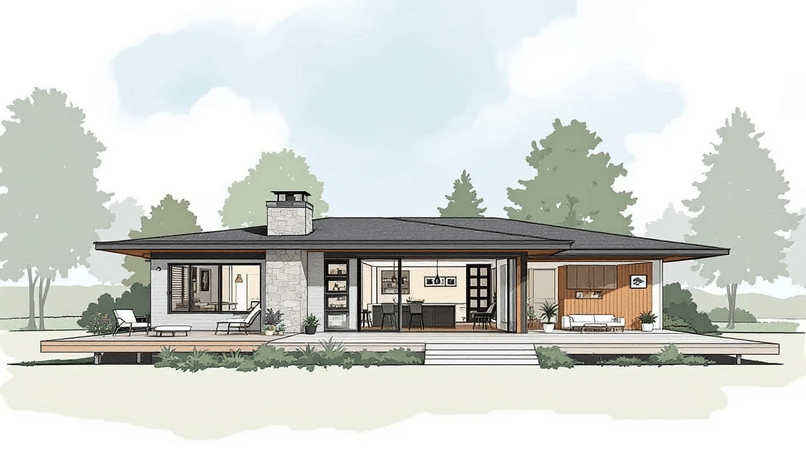 The image showcases a beautiful rambler house, characterized by its single-story design and open floor plan, featuring large sliding glass doors that lead to a spacious patio. This modern ranch house exemplifies the ideal blend of indoor and outdoor living, making it a popular choice for families seeking accessibility and a relaxed lifestyle.