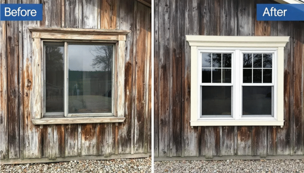 Ranch Comparison - Ranch Style Homes USA The image displays a before and after comparison of a ranch style home featuring new energy efficient double hung windows, which enhance the home's curb appeal while maintaining its authentic architectural style. The transformation showcases the improved natural light and sleek design, emphasizing the benefits of choosing the right window types for ranch homes.