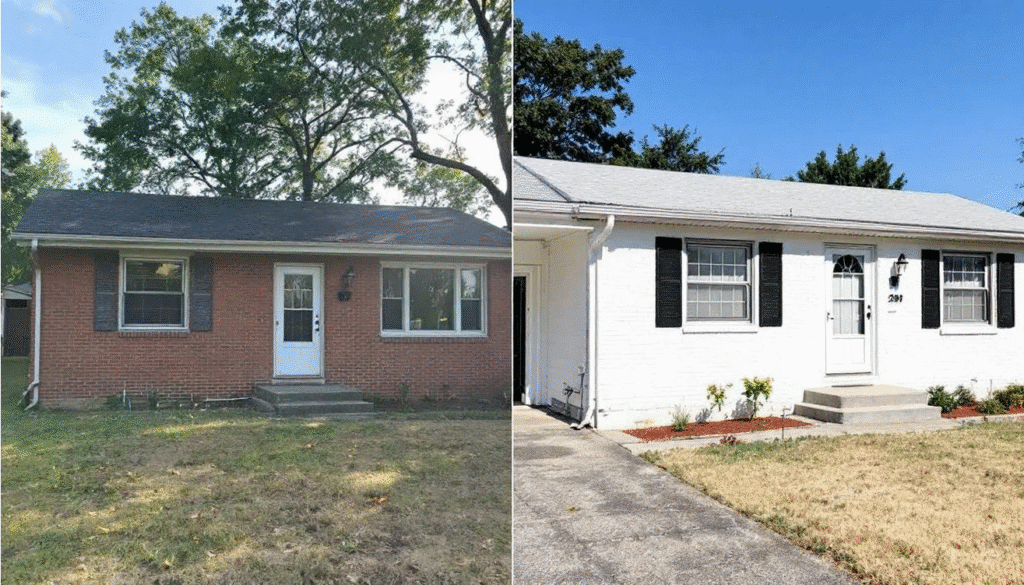 Ranch Comparison - Ranch Style Homes USA The image depicts a before and after comparison of a home transformation, showcasing a red brick ranch house that has been beautifully painted white, complete with black shutters and a larger porch. The updated white brick ranch home exudes a modern style, enhancing its character and curb appeal.