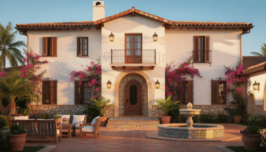The image showcases a stunning Spanish style house featuring characteristic arched doorways, wrought iron accents, and a warm terracotta tile roof. Lush landscaping surrounds the home, with inviting patios and courtyards that enhance the outdoor living experience, all set against a backdrop of textured stucco and elegant columns.