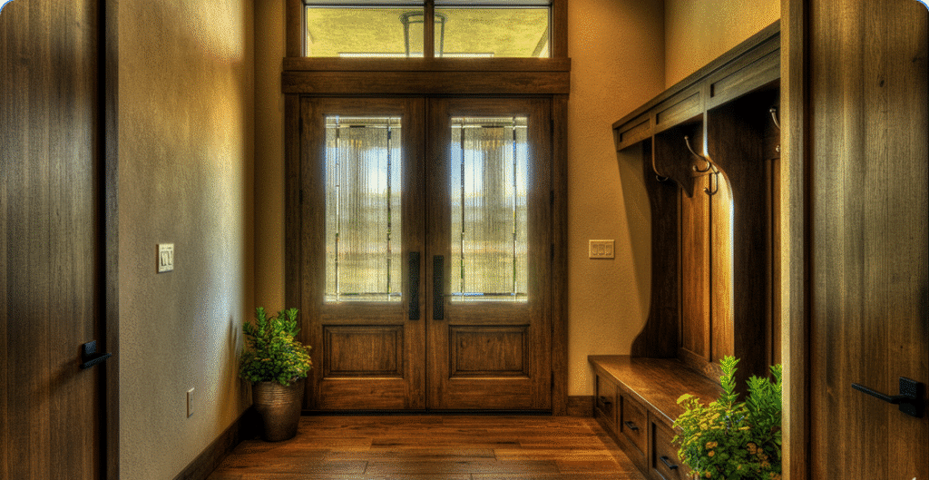 The image depicts a stylish ranch house entryway featuring a front door with elegant glass inserts and a mix of wood and metal materials for visual interest. Practical storage solutions, such as hooks for coats and a bench with hidden compartments, keep the space organized and clutter-free, while potted plants add a touch of natural beauty to the entrance.