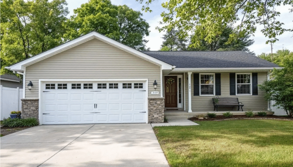 The image showcases a charming ranch-style house featuring a single story, a low roof, and large windows that flood the interior with light. It includes a cozy loft for additional space, an attached garage for convenience, and a welcoming front porch, perfect for enjoying the outdoors.