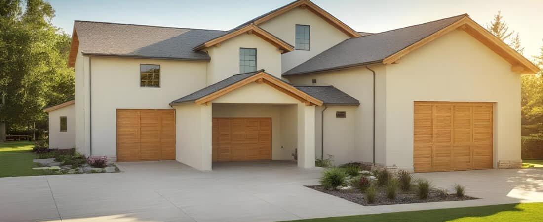 A modern ranch home with a newly added garage, captured in a high dynamic range photograph with warm sunlight and detailed textures, showcasing a harmonious architectural blend.