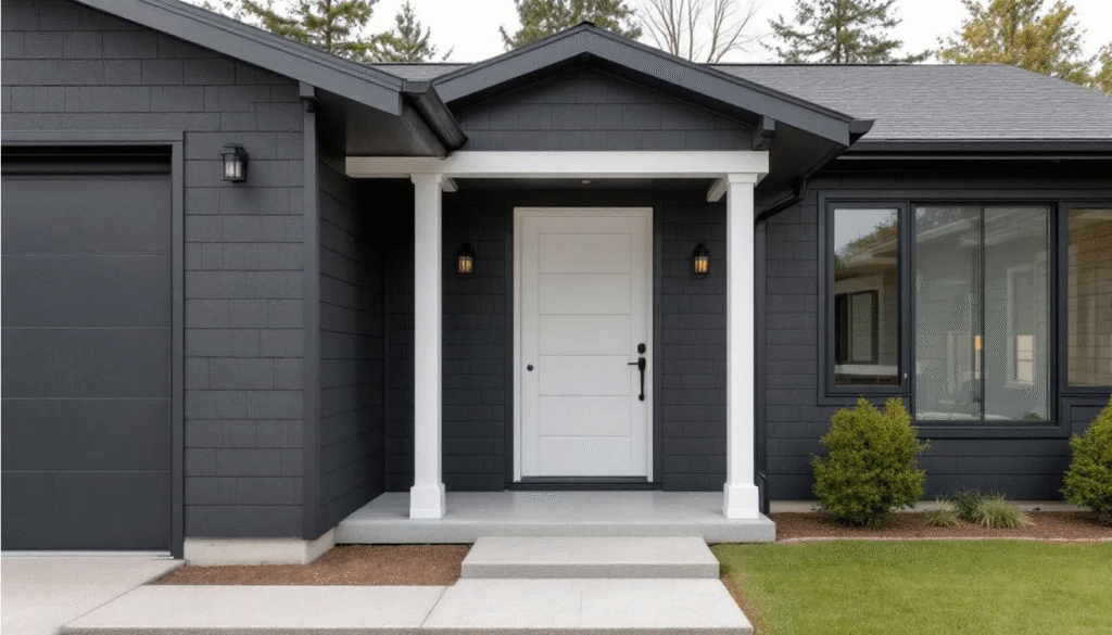 Ranch House Front - Ranch Style Homes USA The image features a ranch house front entrance with dark gray siding and white trim, showcasing architectural details such as porch columns and a stylish front door. The brick walkway adds curb appeal, while natural wood accents create a warm contrast against the home's exterior.