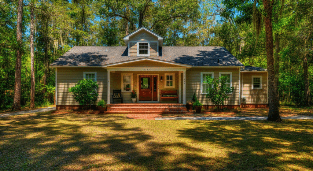 Photograph of a charming, traditional-style house with a welcoming porch, nestled amidst lush green trees, suggesting a serene and private suburban or rural living.