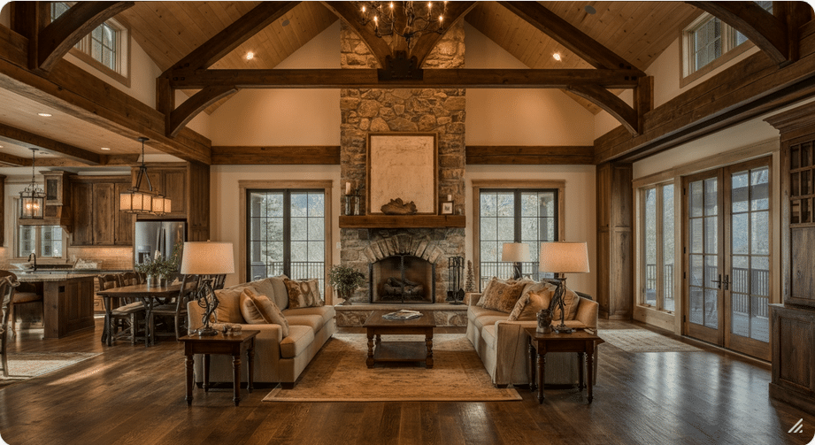 An open-concept living area with vaulted ceilings, hardwood floors, and a large stone fireplace.