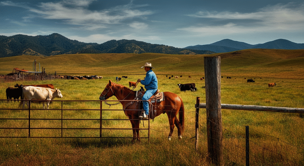 The image depicts a ranch owner managing a working ranch, surrounded by rolling hills and vibrant pastures filled with livestock. In this scene of ranch life, the rancher is engaged in outdoor activities such as fixing fences and riding horses, embodying the strong work ethic and deep connection to the land that defines rural living.