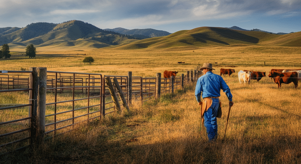 The image depicts a ranch owner engaged in daily routine activities on their property, surrounded by rolling hills and pastures where livestock, including cattle and horses, graze peacefully. This scene captures the essence of ranch life, showcasing a strong work ethic and a deep appreciation for nature and the rural lifestyle.